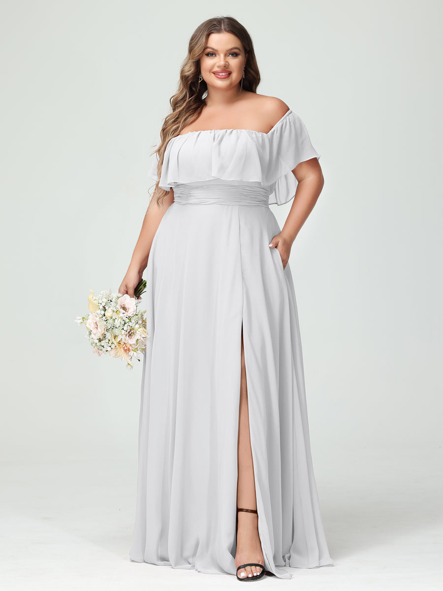 Plus Size Chiffon Bridesmaid Dress with Pockets, A-Line/Princess Cut, Off-the-Shoulder Short Sleeves & Side Split-BMbridal.UK