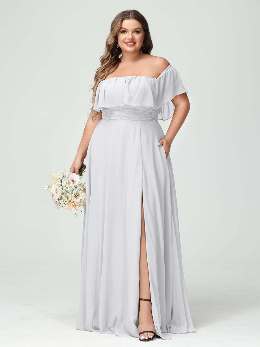 Plus Size Chiffon Bridesmaid Dress with Pockets, A-Line/Princess Cut, Off-the-Shoulder Short Sleeves & Side Split-BMbridal.UK