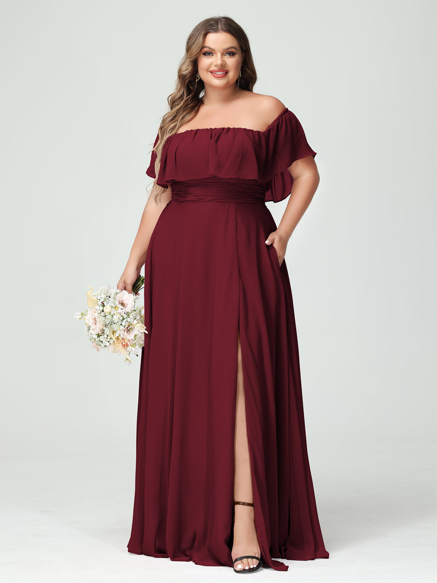 Plus Size Chiffon Bridesmaid Dress with Pockets, A-Line/Princess Cut, Off-the-Shoulder Short Sleeves & Side Split-BMbridal.UK