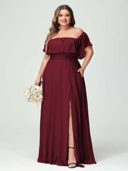 Plus Size Chiffon Bridesmaid Dress with Pockets, A-Line/Princess Cut, Off-the-Shoulder Short Sleeves & Side Split-BMbridal.UK