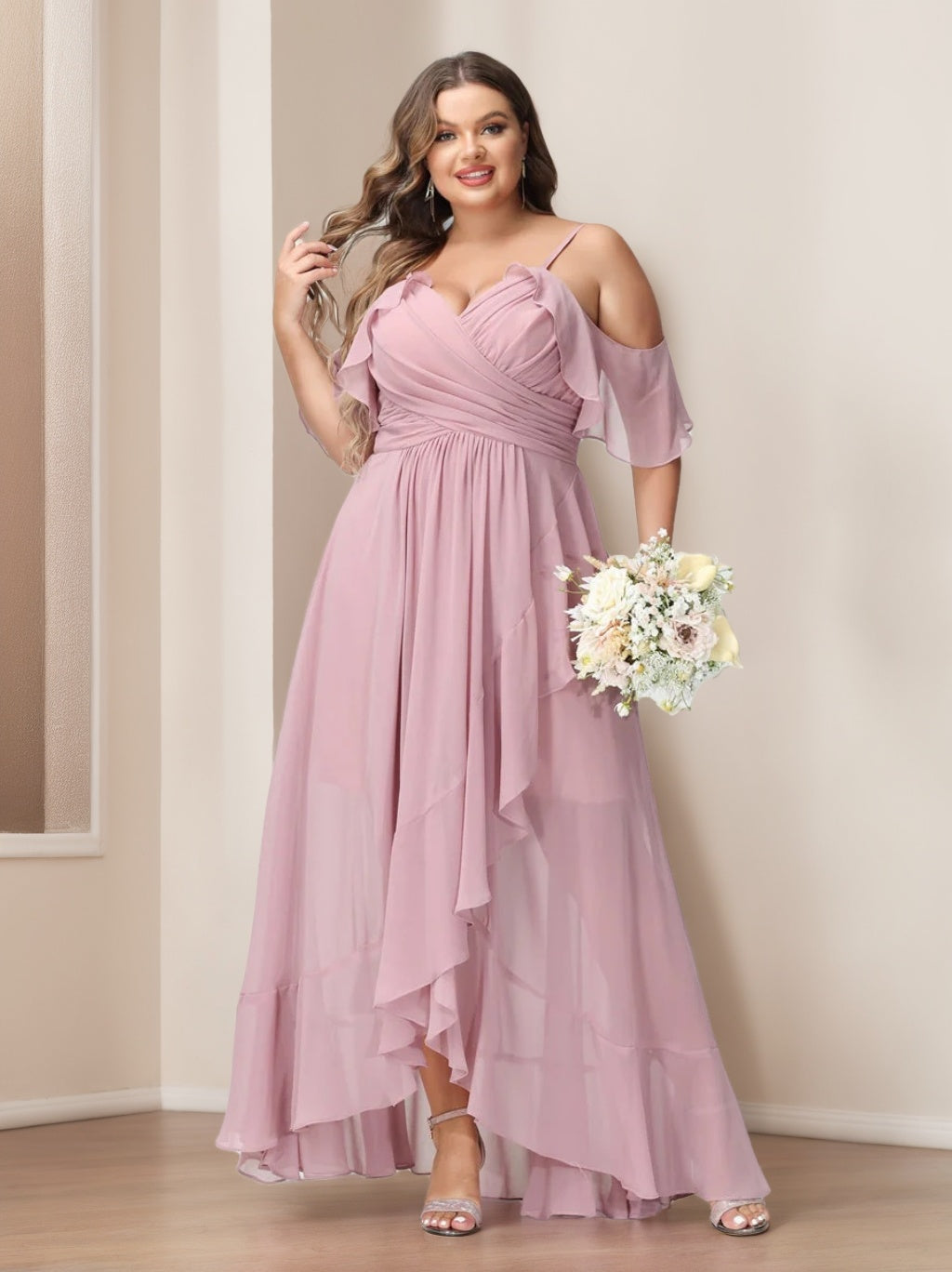 Plus Size Chiffon Bridesmaid Dress with Ruffles – A-Line, Princess Cut, Spaghetti Straps, V-Neck, Short Sleeves, Asymmetrical-BMbridal.UK