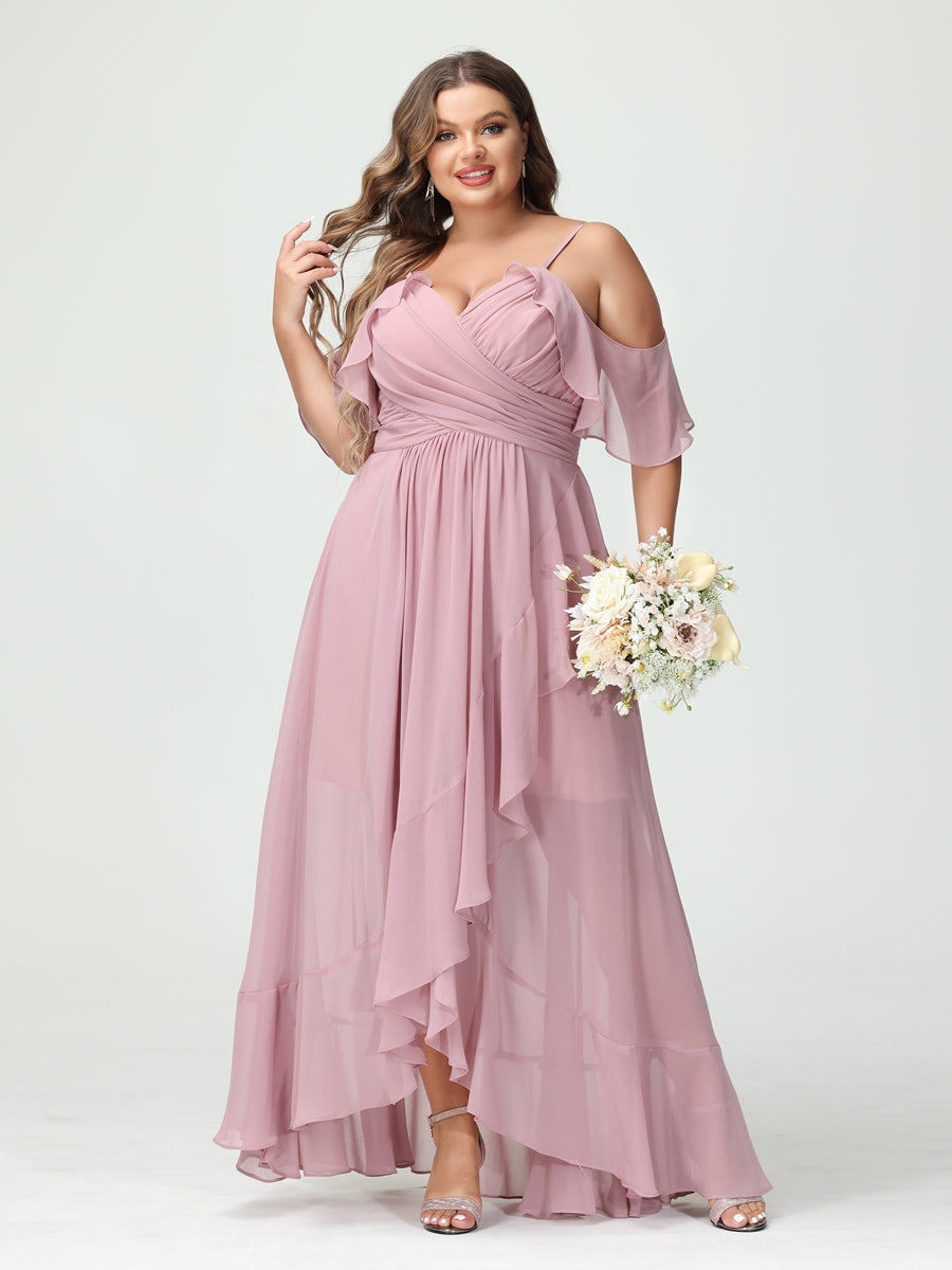 Plus Size Chiffon Bridesmaid Dress with Ruffles – A-Line, Princess Cut, Spaghetti Straps, V-Neck, Short Sleeves, Asymmetrical-BMbridal.UK