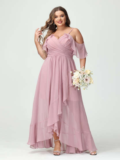 Plus Size Chiffon Bridesmaid Dress with Ruffles – A-Line, Princess Cut, Spaghetti Straps, V-Neck, Short Sleeves, Asymmetrical-BMbridal.UK