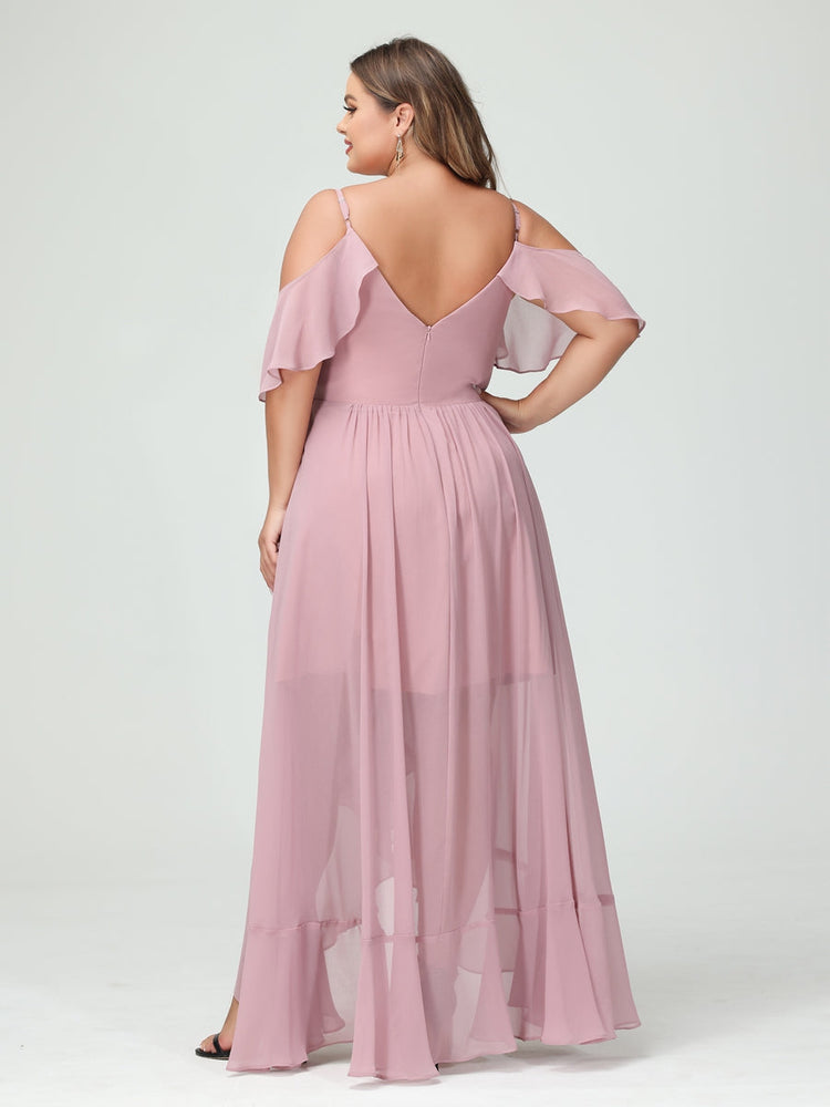 Plus Size Chiffon Bridesmaid Dress with Ruffles – A-Line, Princess Cut, Spaghetti Straps, V-Neck, Short Sleeves, Asymmetrical-BMbridal.UK