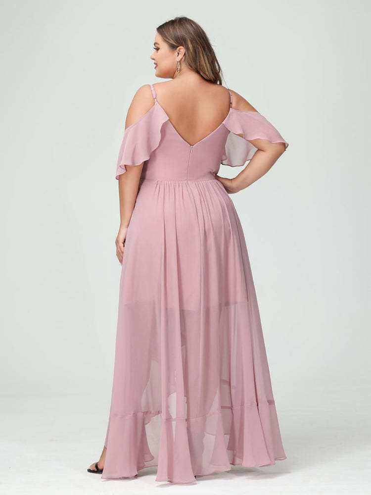 Plus Size Chiffon Bridesmaid Dress with Ruffles – A-Line, Princess Cut, Spaghetti Straps, V-Neck, Short Sleeves, Asymmetrical-BMbridal.UK