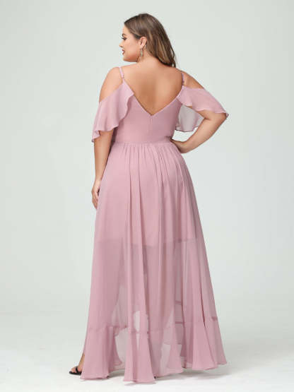 Plus Size Chiffon Bridesmaid Dress with Ruffles – A-Line, Princess Cut, Spaghetti Straps, V-Neck, Short Sleeves, Asymmetrical-BMbridal.UK