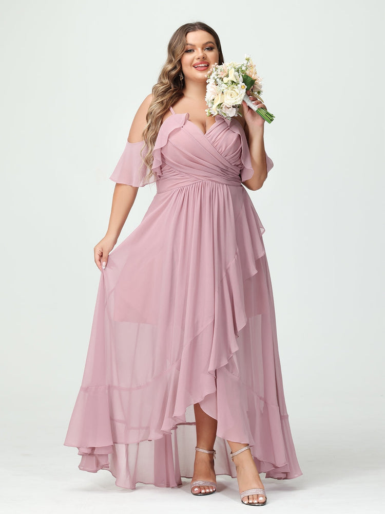 Plus Size Chiffon Bridesmaid Dress with Ruffles – A-Line, Princess Cut, Spaghetti Straps, V-Neck, Short Sleeves, Asymmetrical-BMbridal.UK