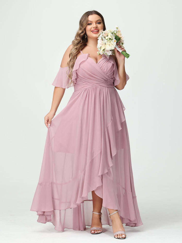 Plus Size Chiffon Bridesmaid Dress with Ruffles – A-Line, Princess Cut, Spaghetti Straps, V-Neck, Short Sleeves, Asymmetrical-BMbridal.UK