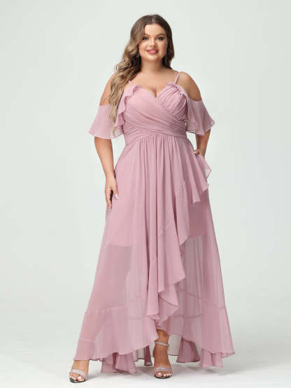 Plus Size Chiffon Bridesmaid Dress with Ruffles – A-Line, Princess Cut, Spaghetti Straps, V-Neck, Short Sleeves, Asymmetrical-BMbridal.UK