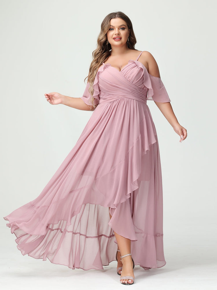 Plus Size Chiffon Bridesmaid Dress with Ruffles – A-Line, Princess Cut, Spaghetti Straps, V-Neck, Short Sleeves, Asymmetrical-BMbridal.UK