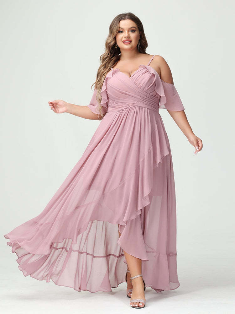 Plus Size Chiffon Bridesmaid Dress with Ruffles – A-Line, Princess Cut, Spaghetti Straps, V-Neck, Short Sleeves, Asymmetrical-BMbridal.UK
