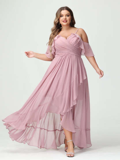 Plus Size Chiffon Bridesmaid Dress with Ruffles – A-Line, Princess Cut, Spaghetti Straps, V-Neck, Short Sleeves, Asymmetrical-BMbridal.UK
