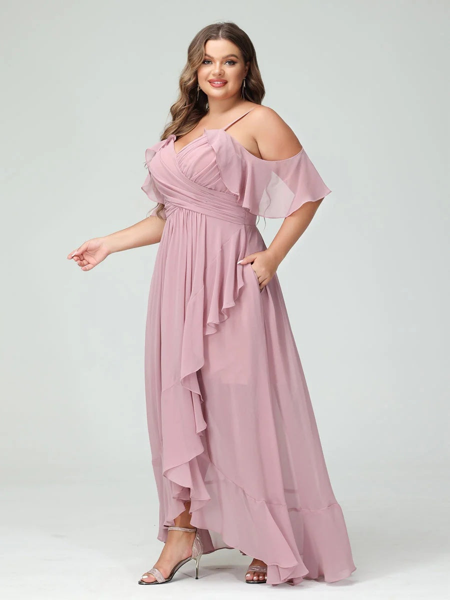 Plus Size Chiffon Bridesmaid Dress with Ruffles – A-Line, Princess Cut, Spaghetti Straps, V-Neck, Short Sleeves, Asymmetrical-BMbridal.UK