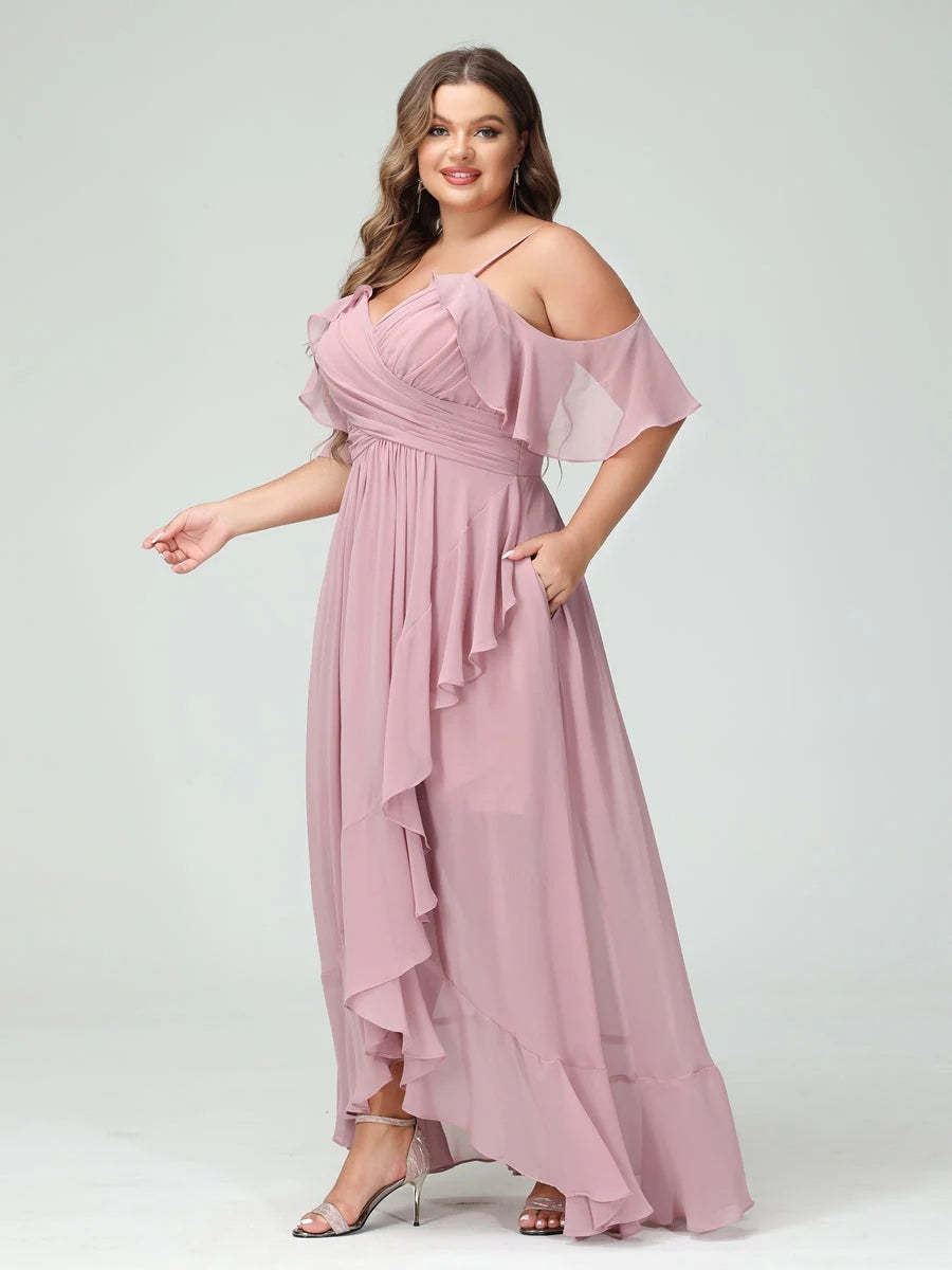 Plus Size Chiffon Bridesmaid Dress with Ruffles – A-Line, Princess Cut, Spaghetti Straps, V-Neck, Short Sleeves, Asymmetrical-BMbridal.UK