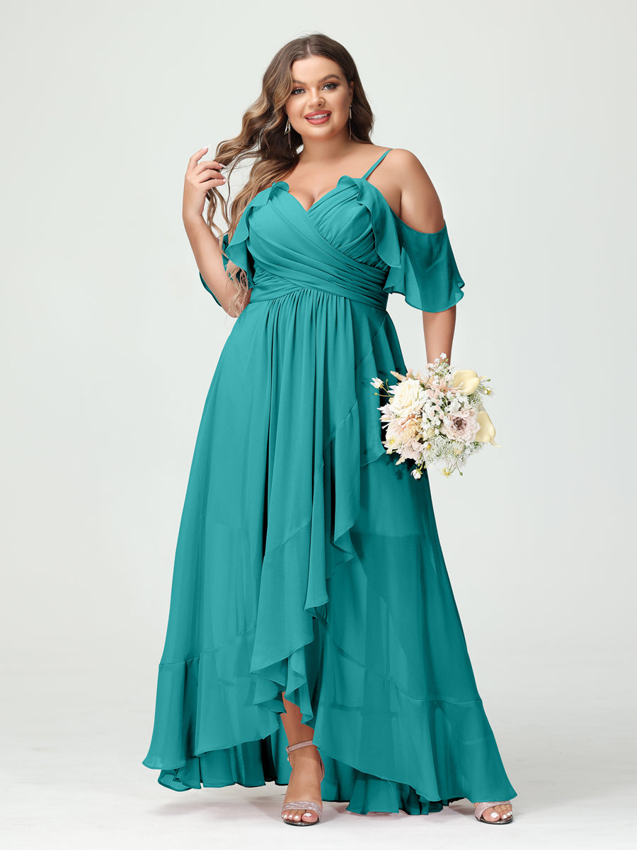 Plus Size Chiffon Bridesmaid Dress with Ruffles – A-Line, Princess Cut, Spaghetti Straps, V-Neck, Short Sleeves, Asymmetrical-BMbridal.UK