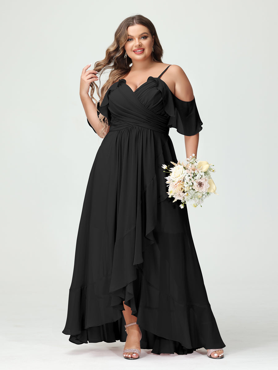 Plus Size Chiffon Bridesmaid Dress with Ruffles – A-Line, Princess Cut, Spaghetti Straps, V-Neck, Short Sleeves, Asymmetrical-BMbridal.UK