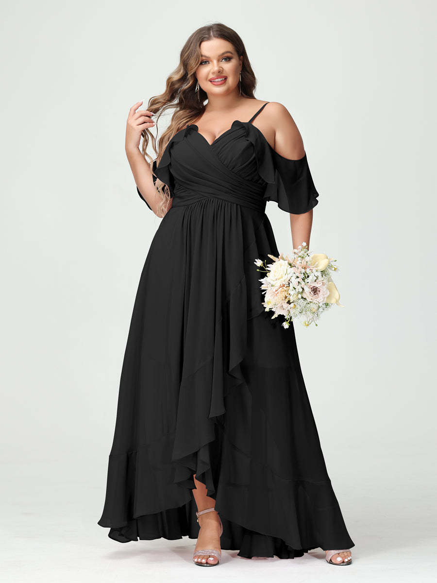Plus Size Chiffon Bridesmaid Dress with Ruffles – A-Line, Princess Cut, Spaghetti Straps, V-Neck, Short Sleeves, Asymmetrical-BMbridal.UK
