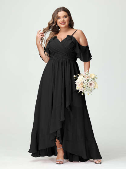 Plus Size Chiffon Bridesmaid Dress with Ruffles – A-Line, Princess Cut, Spaghetti Straps, V-Neck, Short Sleeves, Asymmetrical-BMbridal.UK