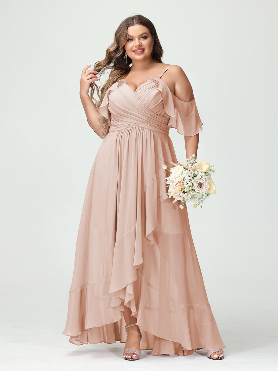 Plus Size Chiffon Bridesmaid Dress with Ruffles – A-Line, Princess Cut, Spaghetti Straps, V-Neck, Short Sleeves, Asymmetrical-BMbridal.UK