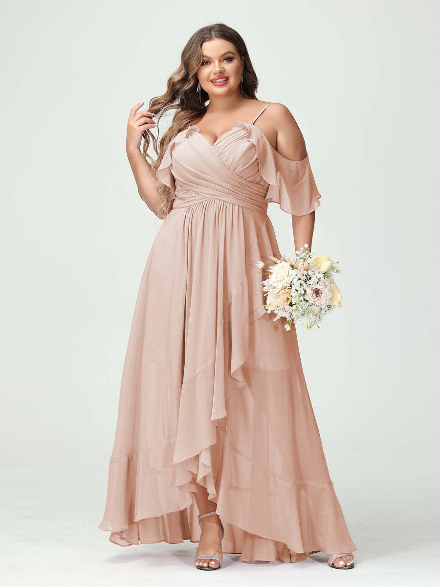 Plus Size Chiffon Bridesmaid Dress with Ruffles – A-Line, Princess Cut, Spaghetti Straps, V-Neck, Short Sleeves, Asymmetrical-BMbridal.UK