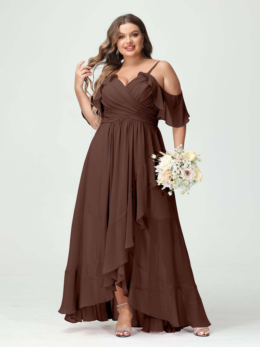 Plus Size Chiffon Bridesmaid Dress with Ruffles – A-Line, Princess Cut, Spaghetti Straps, V-Neck, Short Sleeves, Asymmetrical-BMbridal.UK