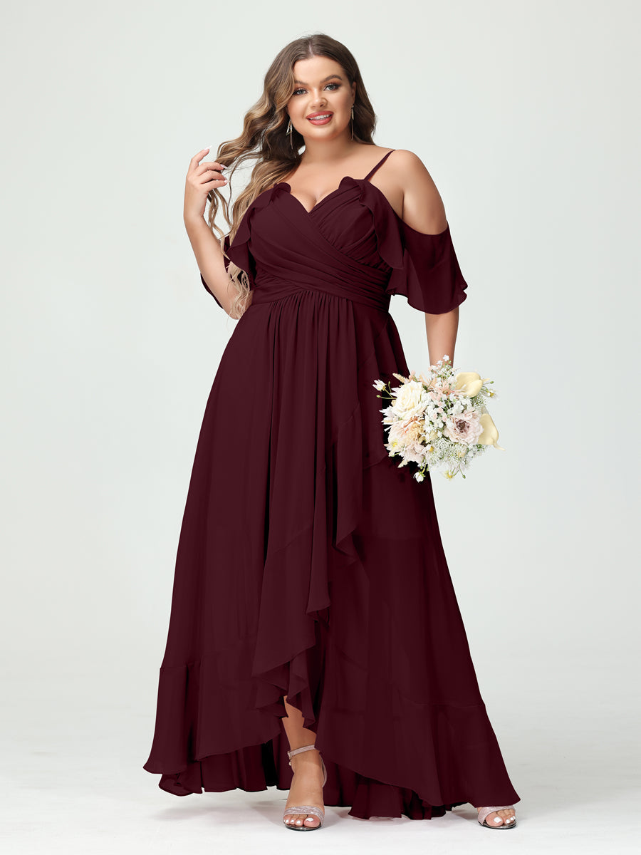 Plus Size Chiffon Bridesmaid Dress with Ruffles – A-Line, Princess Cut, Spaghetti Straps, V-Neck, Short Sleeves, Asymmetrical-BMbridal.UK