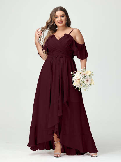 Plus Size Chiffon Bridesmaid Dress with Ruffles – A-Line, Princess Cut, Spaghetti Straps, V-Neck, Short Sleeves, Asymmetrical-BMbridal.UK