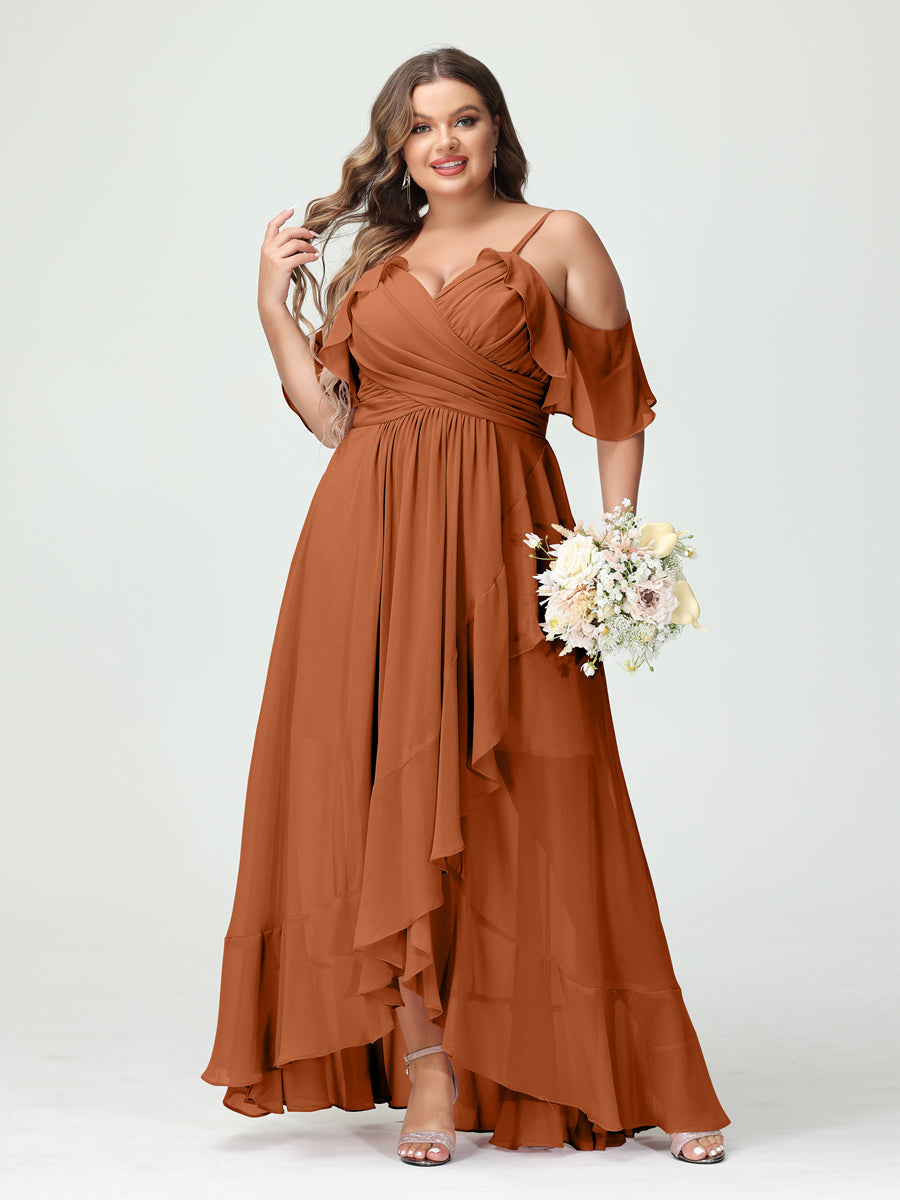 Plus Size Chiffon Bridesmaid Dress with Ruffles – A-Line, Princess Cut, Spaghetti Straps, V-Neck, Short Sleeves, Asymmetrical-BMbridal.UK