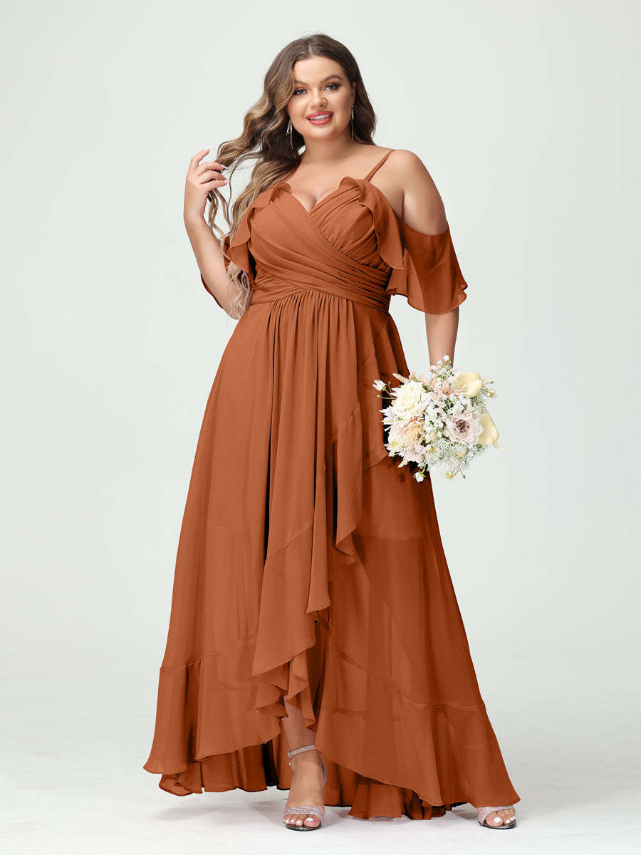 Plus Size Chiffon Bridesmaid Dress with Ruffles – A-Line, Princess Cut, Spaghetti Straps, V-Neck, Short Sleeves, Asymmetrical-BMbridal.UK