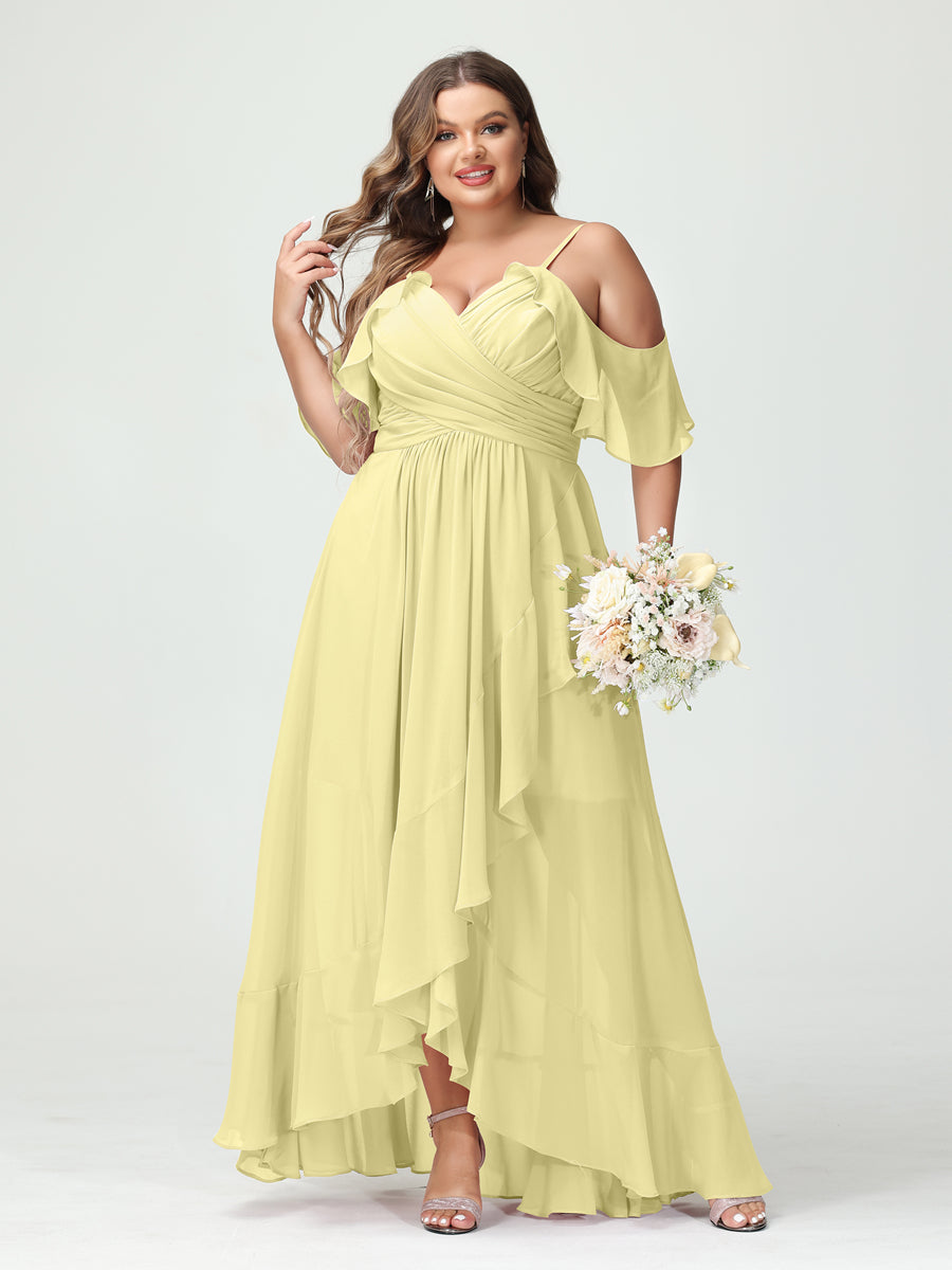 Plus Size Chiffon Bridesmaid Dress with Ruffles – A-Line, Princess Cut, Spaghetti Straps, V-Neck, Short Sleeves, Asymmetrical-BMbridal.UK