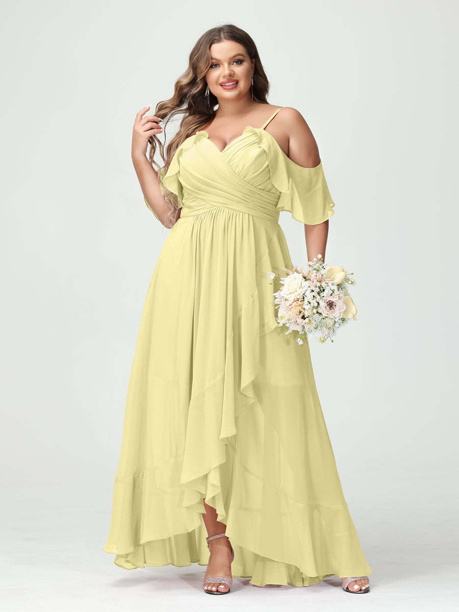 Plus Size Chiffon Bridesmaid Dress with Ruffles – A-Line, Princess Cut, Spaghetti Straps, V-Neck, Short Sleeves, Asymmetrical-BMbridal.UK