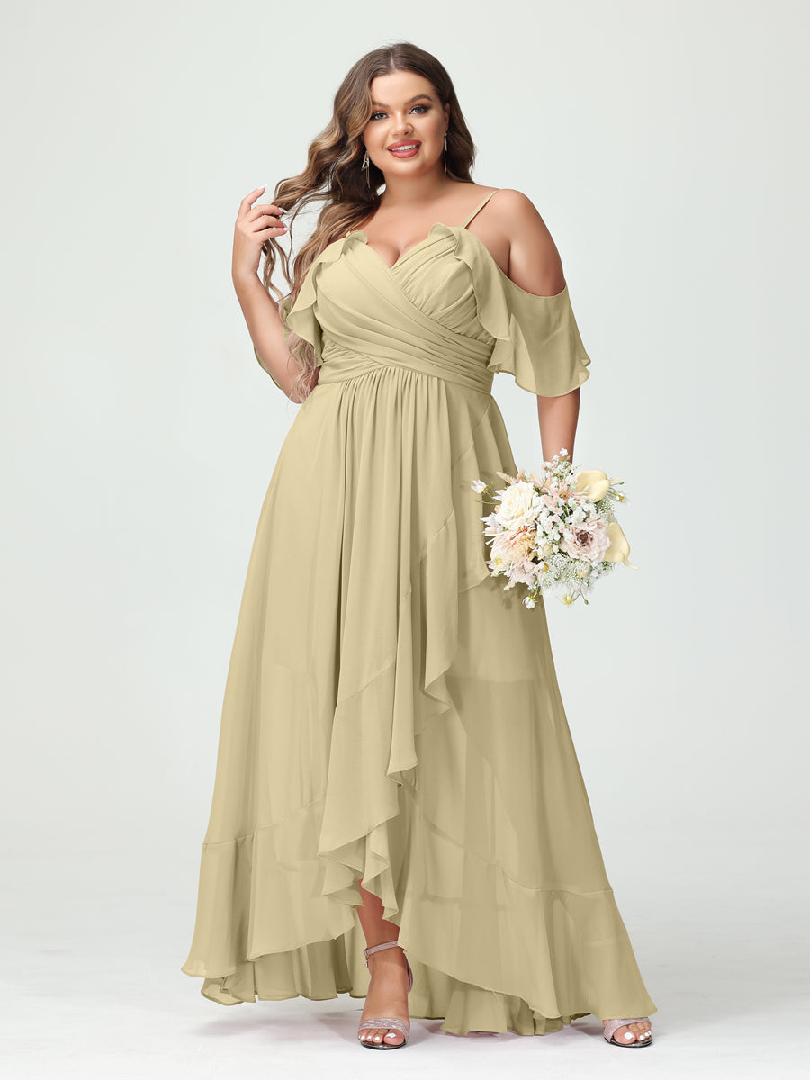 Plus Size Chiffon Bridesmaid Dress with Ruffles – A-Line, Princess Cut, Spaghetti Straps, V-Neck, Short Sleeves, Asymmetrical-BMbridal.UK