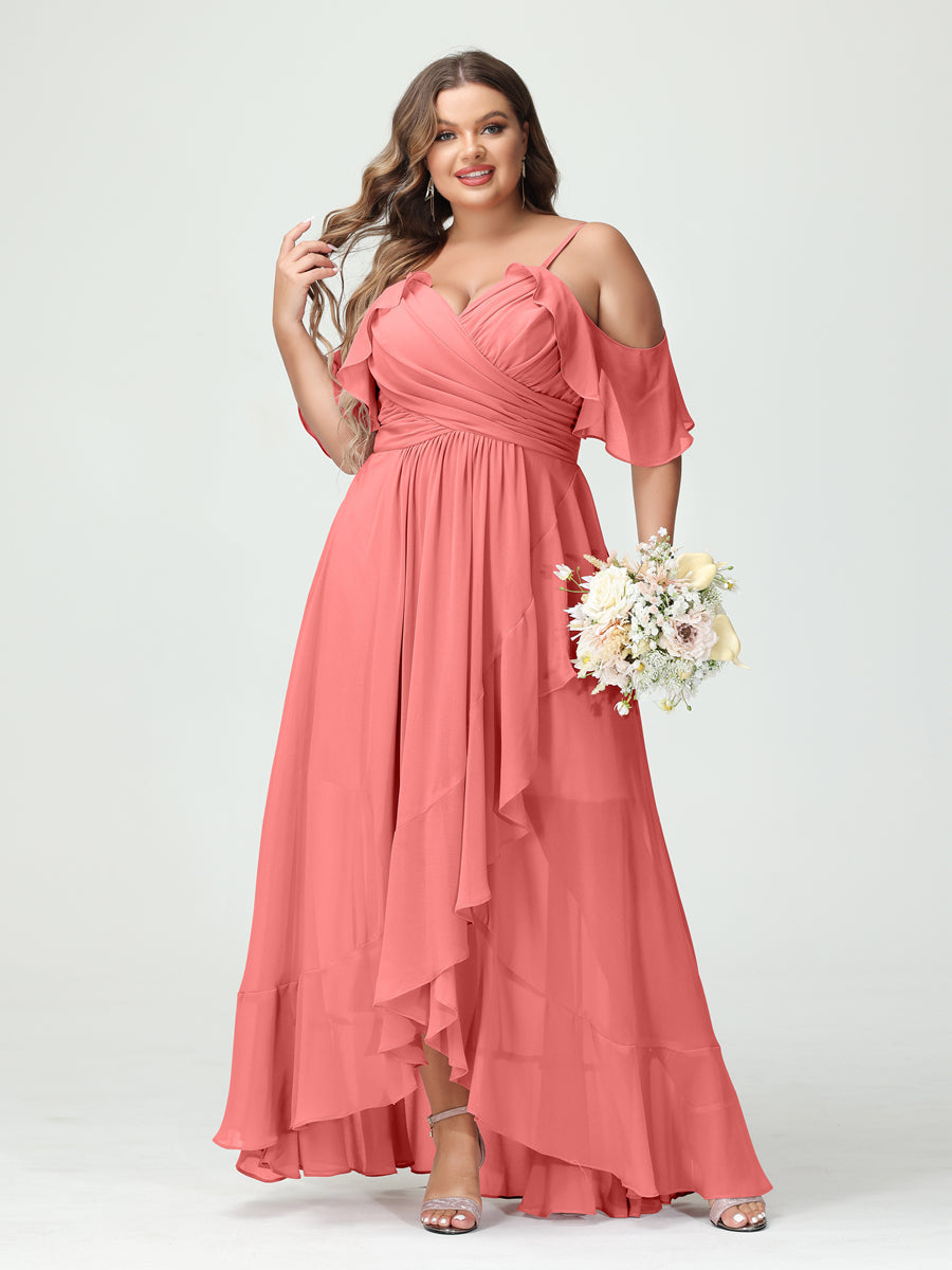 Plus Size Chiffon Bridesmaid Dress with Ruffles – A-Line, Princess Cut, Spaghetti Straps, V-Neck, Short Sleeves, Asymmetrical-BMbridal.UK