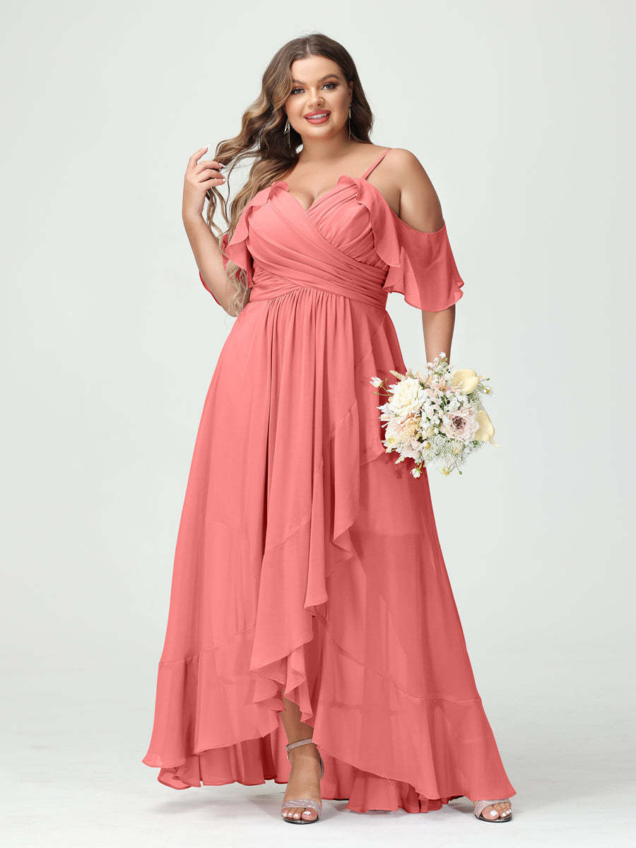 Plus Size Chiffon Bridesmaid Dress with Ruffles – A-Line, Princess Cut, Spaghetti Straps, V-Neck, Short Sleeves, Asymmetrical-BMbridal.UK