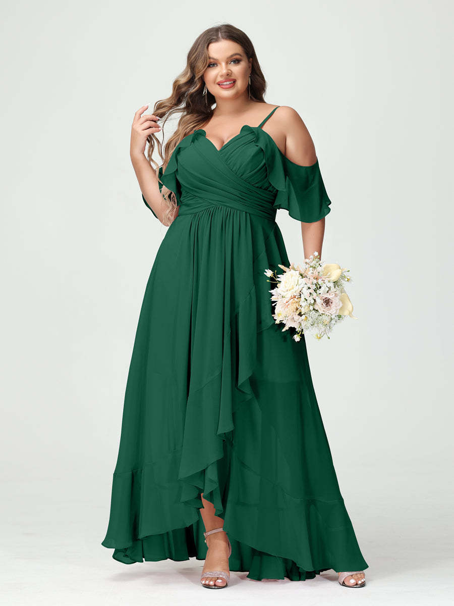 Plus Size Chiffon Bridesmaid Dress with Ruffles – A-Line, Princess Cut, Spaghetti Straps, V-Neck, Short Sleeves, Asymmetrical-BMbridal.UK