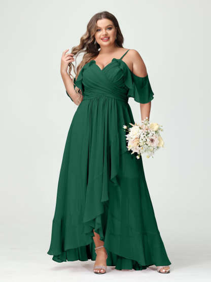 Plus Size Chiffon Bridesmaid Dress with Ruffles – A-Line, Princess Cut, Spaghetti Straps, V-Neck, Short Sleeves, Asymmetrical-BMbridal.UK