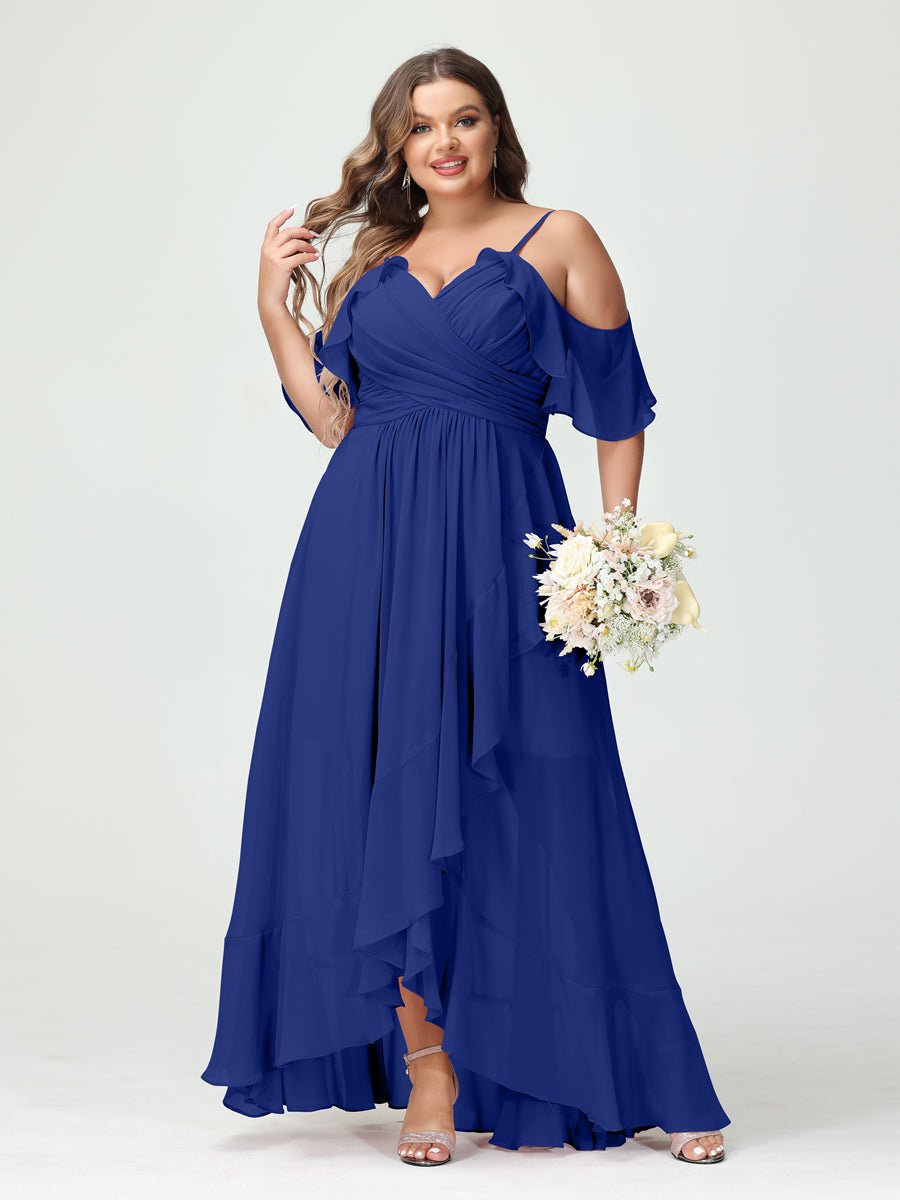 Plus Size Chiffon Bridesmaid Dress with Ruffles – A-Line, Princess Cut, Spaghetti Straps, V-Neck, Short Sleeves, Asymmetrical-BMbridal.UK