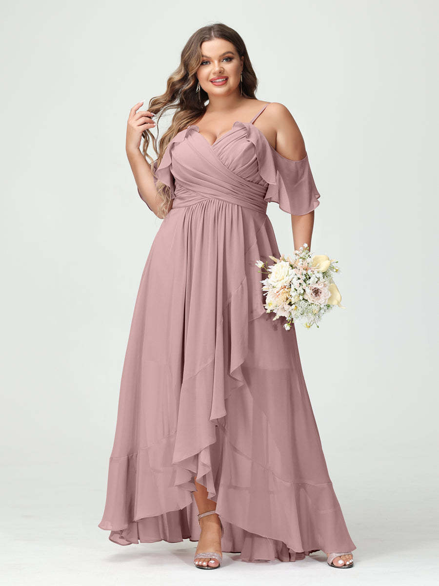 Plus Size Chiffon Bridesmaid Dress with Ruffles – A-Line, Princess Cut, Spaghetti Straps, V-Neck, Short Sleeves, Asymmetrical-BMbridal.UK