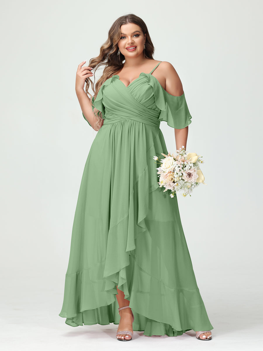 Plus Size Chiffon Bridesmaid Dress with Ruffles – A-Line, Princess Cut, Spaghetti Straps, V-Neck, Short Sleeves, Asymmetrical-BMbridal.UK