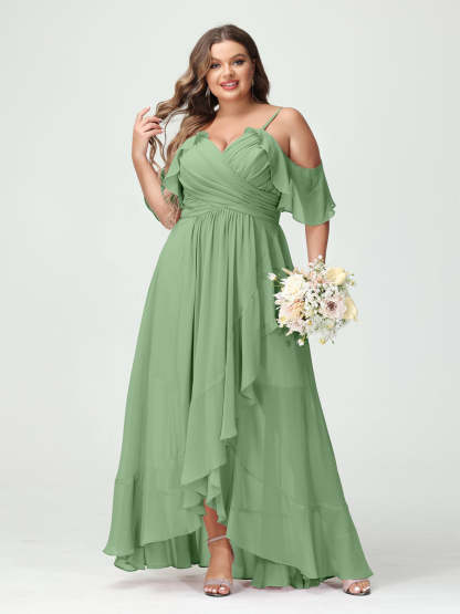 Plus Size Chiffon Bridesmaid Dress with Ruffles – A-Line, Princess Cut, Spaghetti Straps, V-Neck, Short Sleeves, Asymmetrical-BMbridal.UK