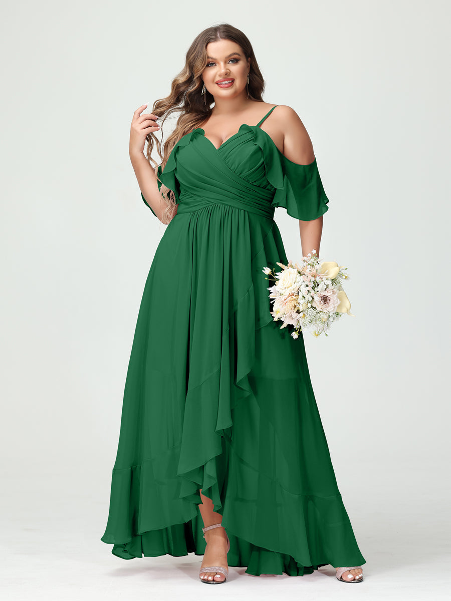 Plus Size Chiffon Bridesmaid Dress with Ruffles – A-Line, Princess Cut, Spaghetti Straps, V-Neck, Short Sleeves, Asymmetrical-BMbridal.UK