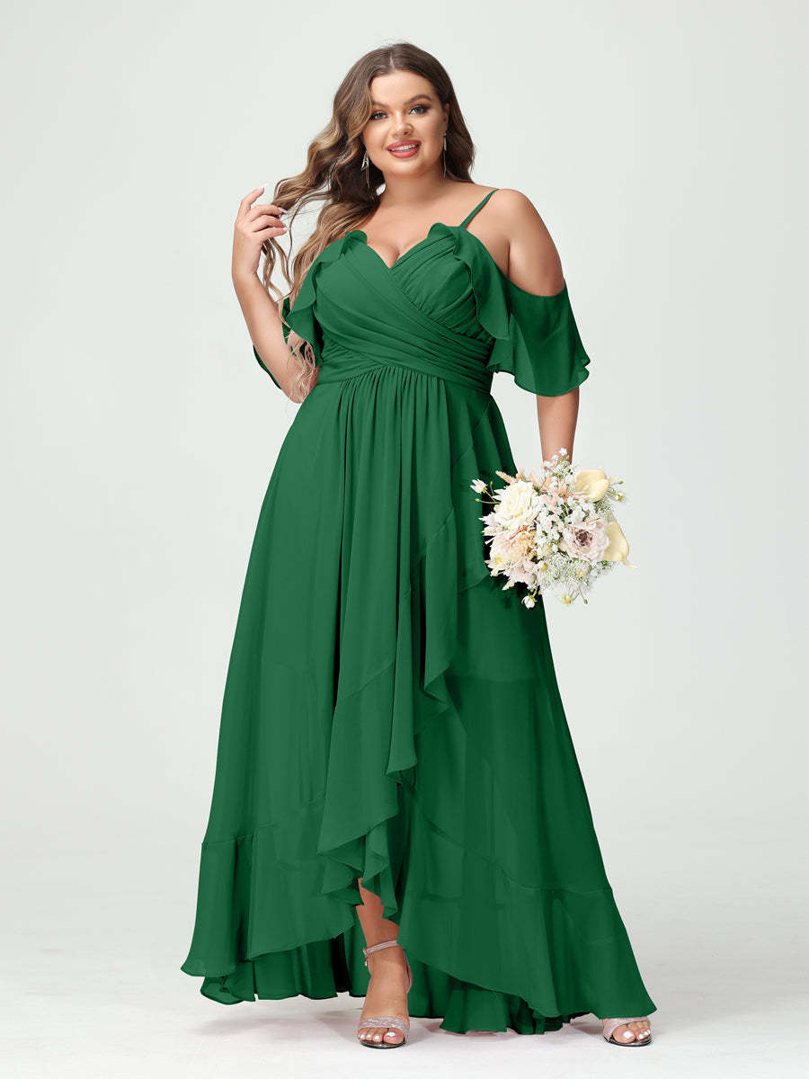 Plus Size Chiffon Bridesmaid Dress with Ruffles – A-Line, Princess Cut, Spaghetti Straps, V-Neck, Short Sleeves, Asymmetrical-BMbridal.UK