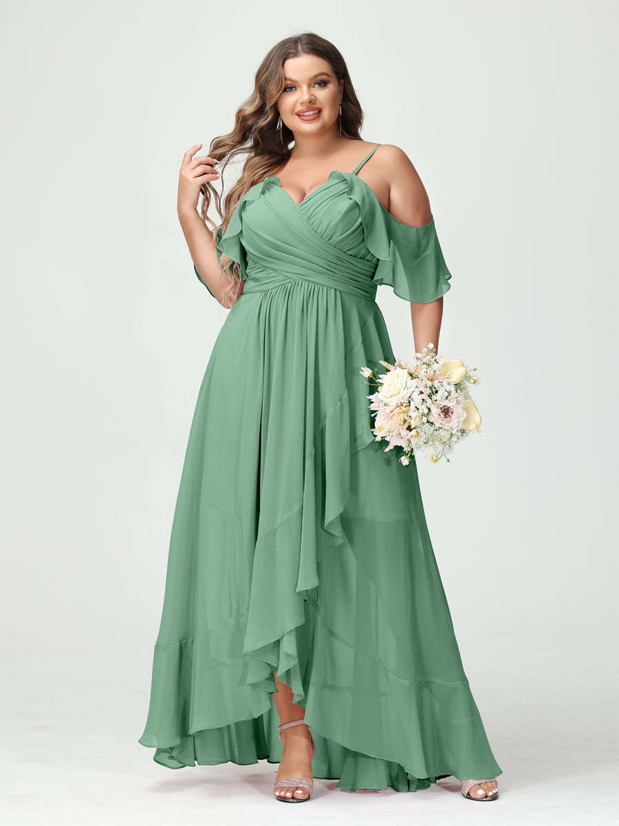 Plus Size Chiffon Bridesmaid Dress with Ruffles – A-Line, Princess Cut, Spaghetti Straps, V-Neck, Short Sleeves, Asymmetrical-BMbridal.UK