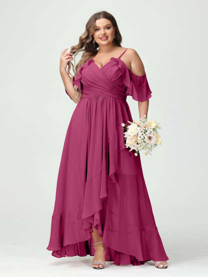 Plus Size Chiffon Bridesmaid Dress with Ruffles – A-Line, Princess Cut, Spaghetti Straps, V-Neck, Short Sleeves, Asymmetrical-BMbridal.UK