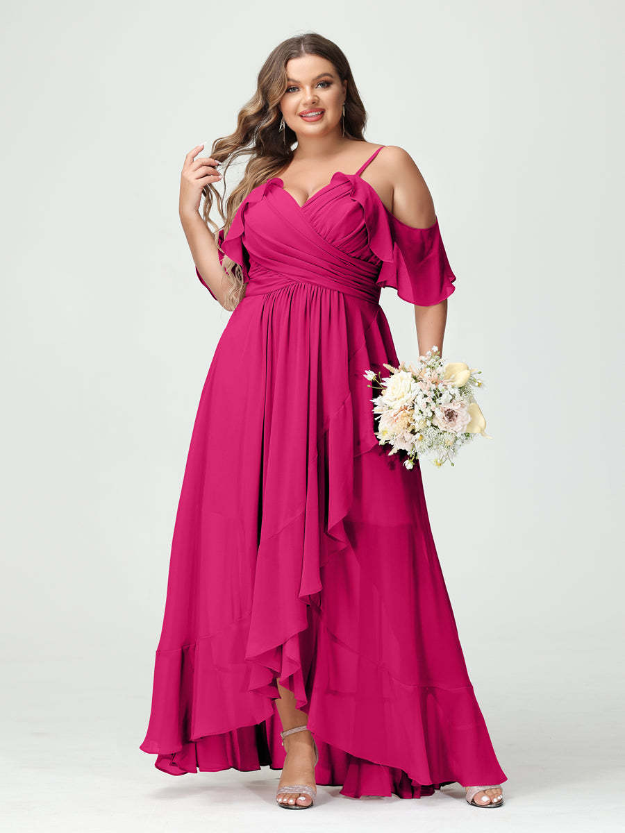 Plus Size Chiffon Bridesmaid Dress with Ruffles – A-Line, Princess Cut, Spaghetti Straps, V-Neck, Short Sleeves, Asymmetrical-BMbridal.UK