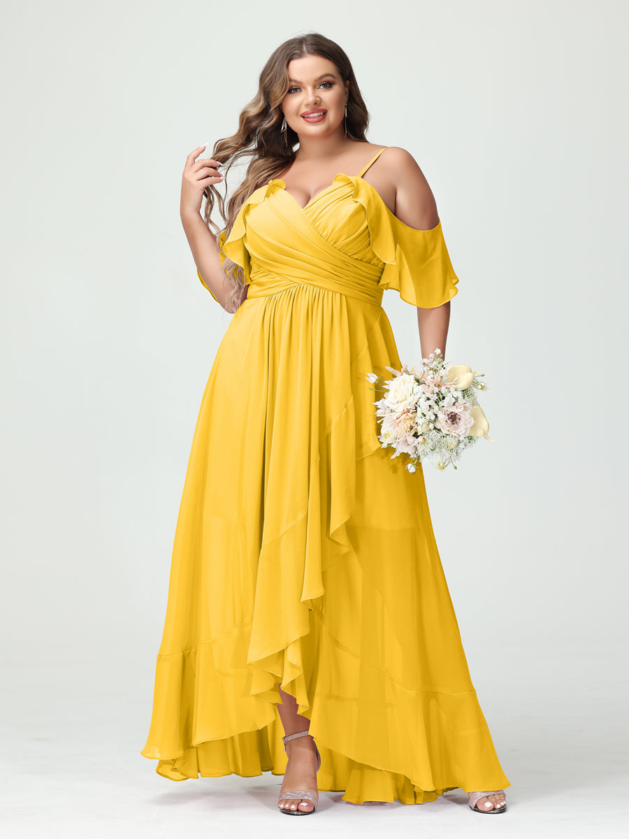 Plus Size Chiffon Bridesmaid Dress with Ruffles – A-Line, Princess Cut, Spaghetti Straps, V-Neck, Short Sleeves, Asymmetrical-BMbridal.UK