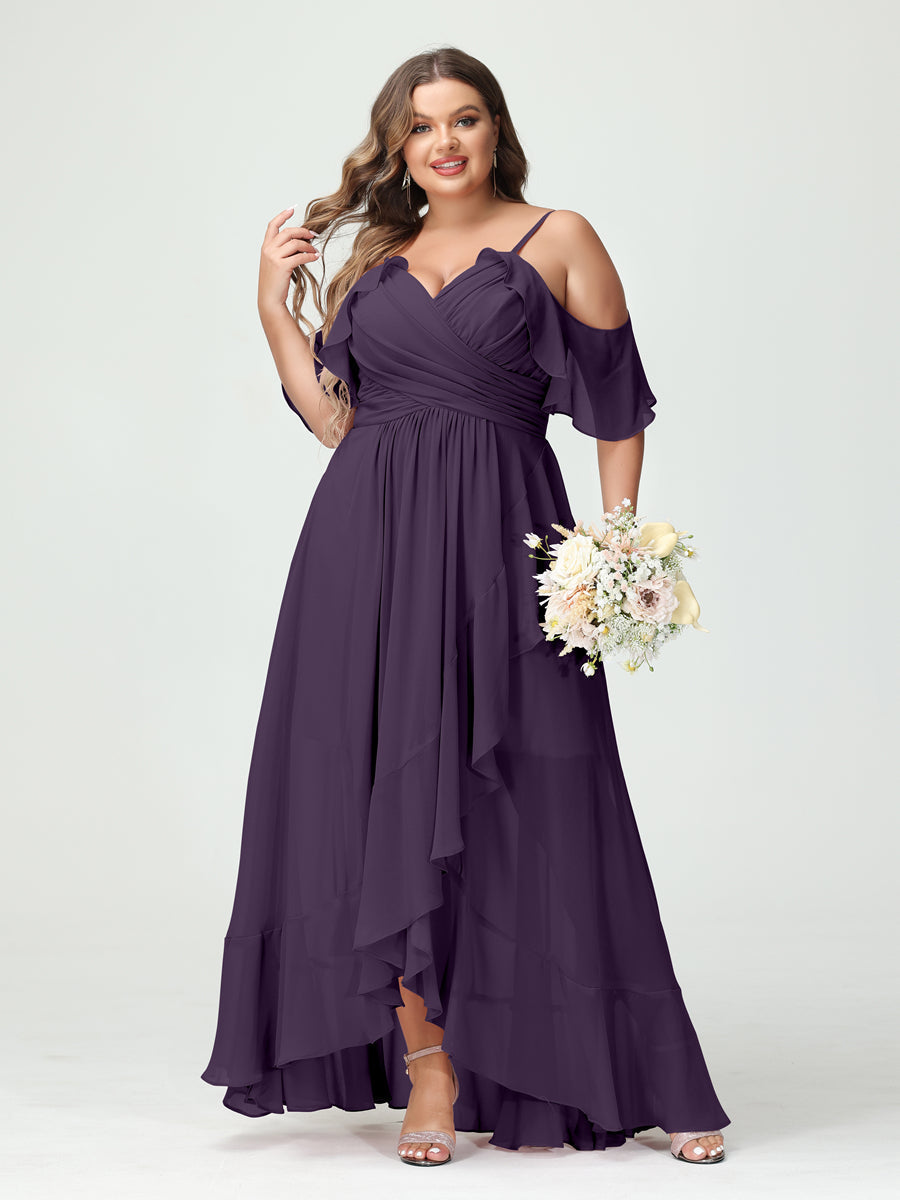 Plus Size Chiffon Bridesmaid Dress with Ruffles – A-Line, Princess Cut, Spaghetti Straps, V-Neck, Short Sleeves, Asymmetrical-BMbridal.UK