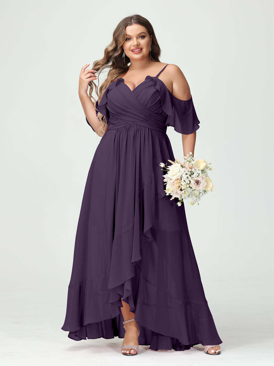 Plus Size Chiffon Bridesmaid Dress with Ruffles – A-Line, Princess Cut, Spaghetti Straps, V-Neck, Short Sleeves, Asymmetrical-BMbridal.UK