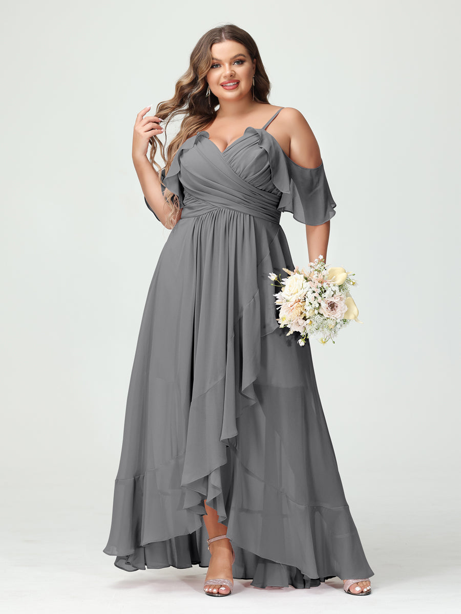 Plus Size Chiffon Bridesmaid Dress with Ruffles – A-Line, Princess Cut, Spaghetti Straps, V-Neck, Short Sleeves, Asymmetrical-BMbridal.UK