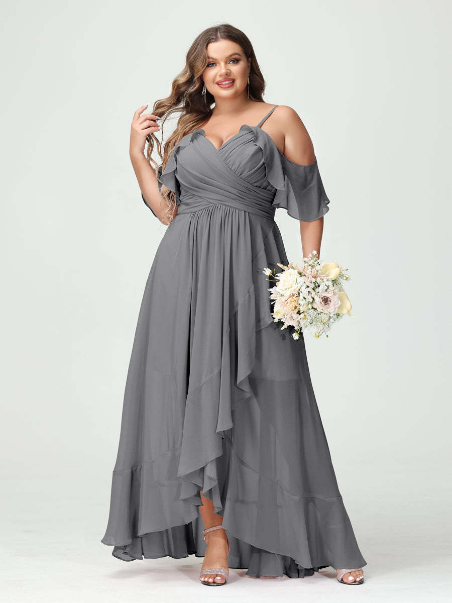 Plus Size Chiffon Bridesmaid Dress with Ruffles – A-Line, Princess Cut, Spaghetti Straps, V-Neck, Short Sleeves, Asymmetrical-BMbridal.UK